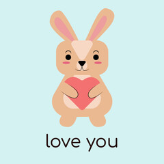 Flat illustration of a cute rabbit with a heart. Postcard for the new year, Valentine's Day. Postcard with the inscription 