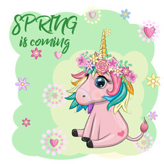 Unicorn with flowers, in a wreath, spring is coming, postcard for the holiday of spring.