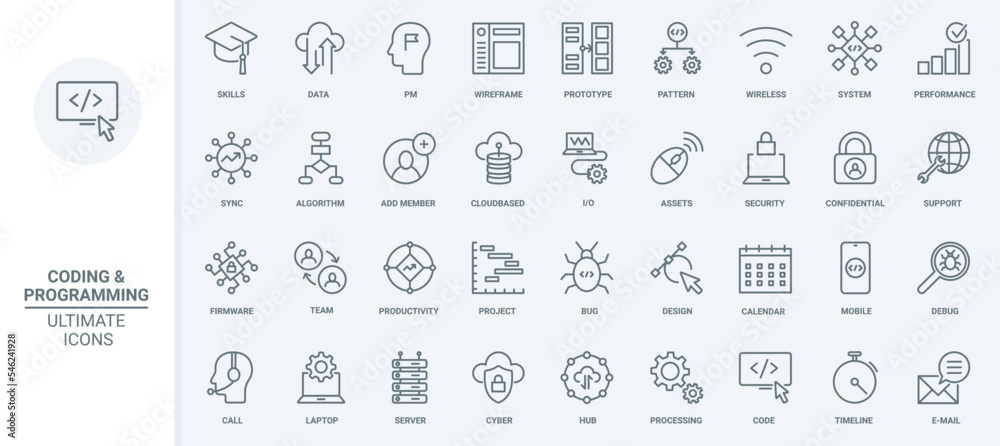 Aufkleber Test of software code, data storage thin line icons set vector illustration. Outline support of digital projects, sync database system and cyber protection for wireless network, chart performance