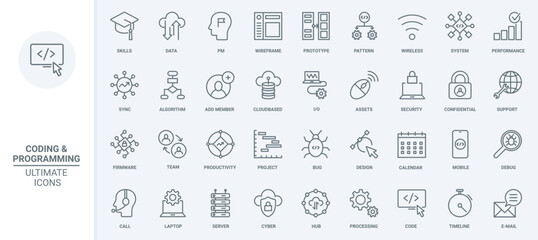 Test of software code, data storage thin line icons set vector illustration. Outline support of digital projects, sync database system and cyber protection for wireless network, chart performance