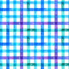 Watercolor seamless checkered pattern. Strokes texture plaid. Hand painted stripe on white background.