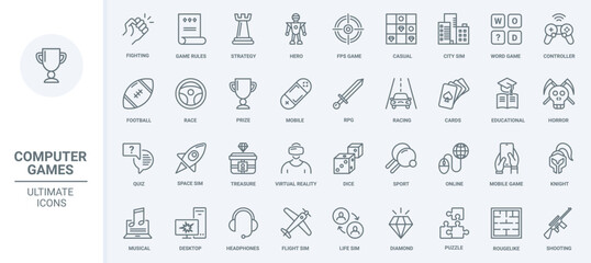 Obraz na płótnie Canvas Computer games, gaming technology thin line icons set vector illustration. Outline digital race, fight and space simulator, shooter and RPG, strategy and education games for PC and mobile phone