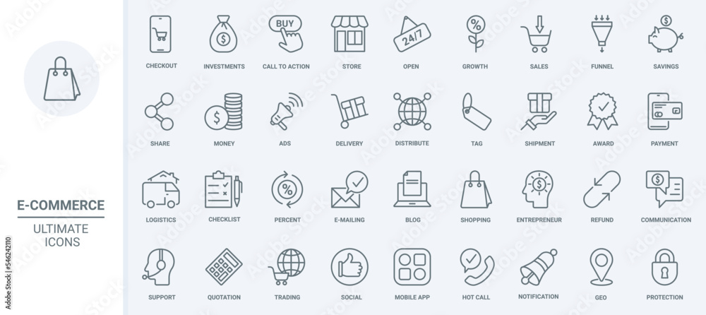 Wall mural ecommerce, shopping technology thin line icons set vector illustration. outline commerce, business i