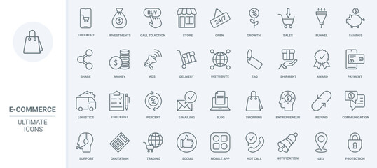 Naklejka na ściany i meble Ecommerce, shopping technology thin line icons set vector illustration. Outline commerce, business investment and online payment, delivery and logistics, advertising of discount percent in blog
