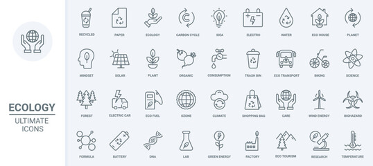 Fototapeta na wymiar Ecology and green energy thin line icons set vector illustration. Outline eco technology, lab research and ideas symbols collection with sorting and recycle garbage, electric transport and science