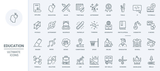 Naklejka na ściany i meble Education thin line icons set vector illustration. Outline school and university technology and stationery for student to study, knowledge from books, encyclopedia and ebook, science and sport symbols