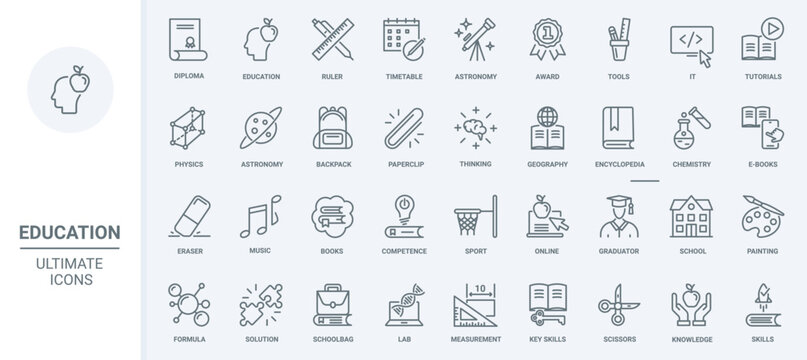 Education thin line icons set vector illustration. Outline school and university technology and stationery for student to study, knowledge from books, encyclopedia and ebook, science and sport symbols