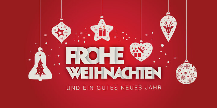 Weihnachtskarte mit dekorativen Weihnachtskugeln und deutschem Text auf rotem Hintergrund - Frohe Weihnachten und ein gutes neues Jahr