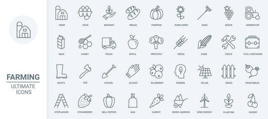 Farm agricultural machinery, tools for farmers and organic harvest of rural garden thin line icons set vector illustration. Outline honey and milk, sunflower and corn field cultivation, solar panel