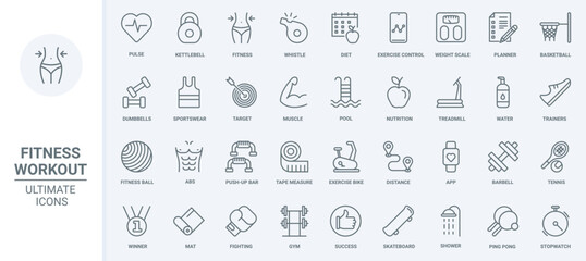 Naklejka na ściany i meble Fitness sport workout in gym thin line icons set vector illustration. Outline kettlebell and barbell, dumbbell and treadmill for healthy training, weight control and loss, pulse measuring mobile app