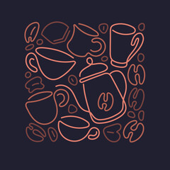 Coffee linear pattern. Abstract cups, pot, grains