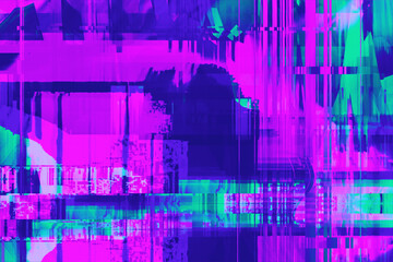 Abstract purple pink green psychedelic zebra background interlaced digital Distorted Motion glitch effect. Futuristic striped cyberpunk design Retro webpunk, rave 90s aesthetic, 70s groovy techno neon