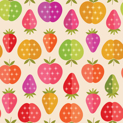 Colorful mid century geometric apples and strawberries seamless pattern in red, green, pink and orange  with atomic starbursts over light cream background. For fabric, kitchen décor and textile 