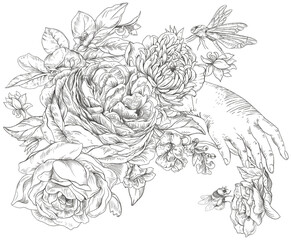 Monochrome roses with woman hand transparent png
