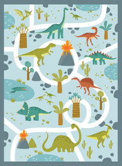 Print. Vector children's play mat with dinosaurs in a jurassic park. Cartoon dinosaurs. Road in jurassic park. Game for children. tyrannosaurus, pterodactyl, brachiosaurus, tricerathorps
- 546243302