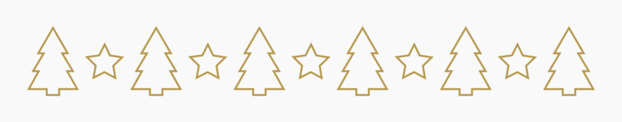 Christmas trees and stars gold outline border.