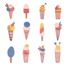 Ice creams cute colorfulhand drawn vector icons set. Vector illustration