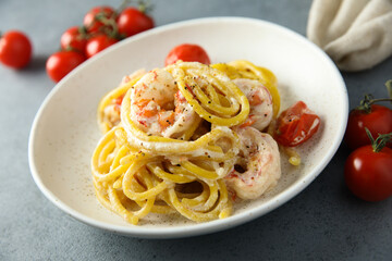 Homemade pasta with shrimps and cream