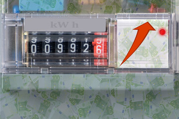 The concept is the dynamics of the growth of tariffs for the consumption of electricity in euro. Display the amount of consumed energy. Dial with electric meter readings