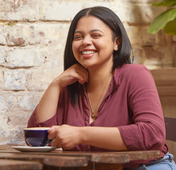 Cafe, coffee or tea portrait of woman with real smile holding tea cup with happiness on drink break. Cafeteria, coffee shop or restaurant with natural, relaxed and happy latina girl customer. - obrazy, fototapety, plakaty