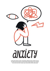 Anxiety. Vector poster or flyer on the theme of depression and sadness. An advertisement for psychotherapy. Vector doodle cartoon style. Hand drawn letters, template.