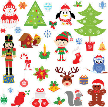 Isolated Christmas elements, Santa Claus, Christmas tree, snowman 