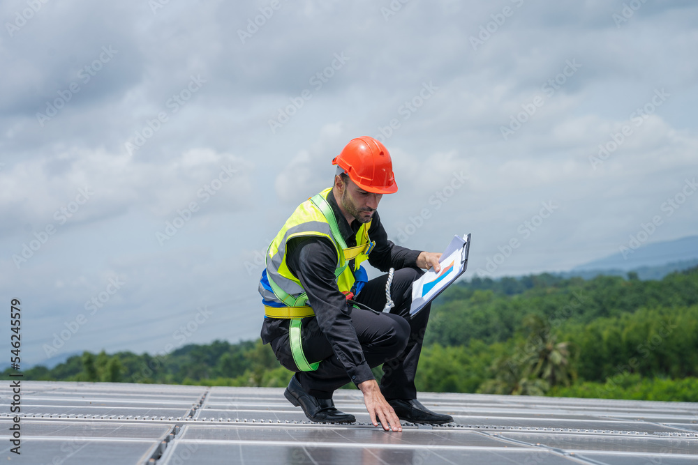 Poster technicians are checking solar panel,engineer service check installation solar cell on the roof of f