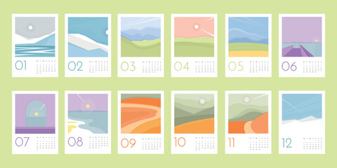 2023 calendar template with abstract nature winter, spring, summer and autumn landscapes. Simple background with calendar design concept. Set of 12 months 2023 pages.  - obrazy, fototapety, plakaty