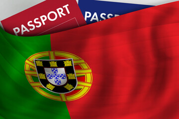 Portuguese flag background and passport of Portugal. Citizenship, official legal immigration, visa, business and travel concept.