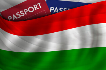 Hungarian flag background and passport of Hungary. Citizenship, official legal immigration, visa, business and travel concept.