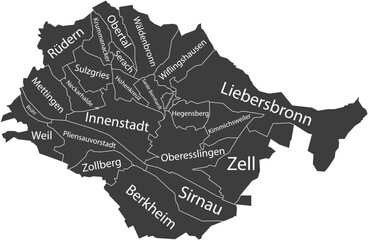 Dark gray flat vector administrative map of ESSLINGEN AM NECKAR, GERMANY with name tags and white border lines of its municipalities