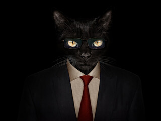 muzzle of a cat with glasses and a suit and tie close-up. front
