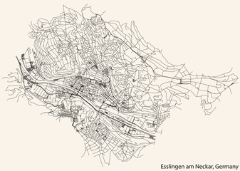 Detailed navigation black lines urban street roads map of the German regional capital city of ESSLINGEN AM NECKAR, GERMANY on vintage beige background