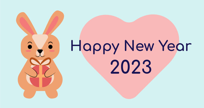 New Year's card with the image of a flat bunny with a gift. New year 2023. Flat vector bunny for print.