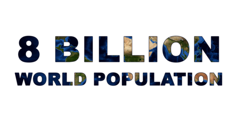 8 billion world population concept text isolated on an earth map. World population day.