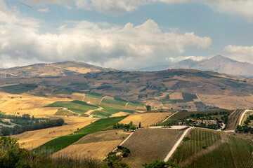 Segesta, Sicily, Italy - July 9, 2020: View from the ruins of the Greek Theater in Segesta, Sicily,...