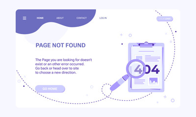 Page not found banner template. Landing page template for web page with 404 error. Flat illustration of clipboard with magnifying glass and document with pics and on purple background