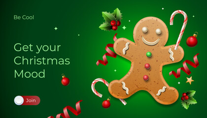 Merry Christmas banner design template. Homemade gingerbread man cookie theme concept, holiday fair and sale