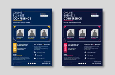  Business conference live meeting & event flyer template. Corporate invitation business workshop & abstract seminar promotion poster design. Leaflet, modern layout, pamphlet, vector flyer in A4.