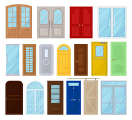 Set of colorful wooden doors for houses and buildings. Set of colorful wooden doors for houses and buildings cartoon vector