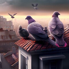 Pigeons sit on the roof of the house and look at the metropolis