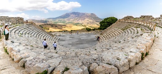 Segesta, Sicily, Italy - July 9, 2020: Ruins of the Greek Theater in Segesta, Sicily, Italy