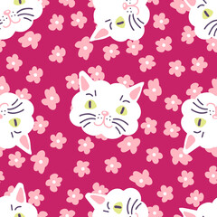 Cute seamless pattern with cat faces on floral background. Retro style print for tee, textile, fabric, paper. Hand drawn vector illustration for decor and design.