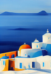 Santorini Architecture in digital oil painting Style famous blue domed churches from Oia on the greek isle