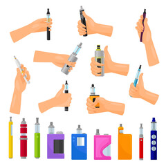 Set of hands holding vape. Electronic cigarettes cartoon vector illustration