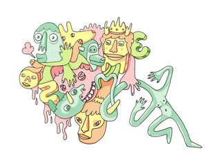 Cartoon illustration with fun and crazy characters. Weird and savage team. Pop and colorful monsters and creatures. Surreal drawing. Comic style. Artistic doodling. Doodle art. Free figure.