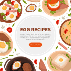Egg recipes landing page template. Tasty culinary recipes for breakfast or dinner web banner cartoon vector