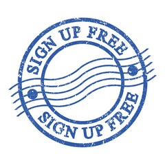 SIGN UP FREE, text written on blue postal stamp.