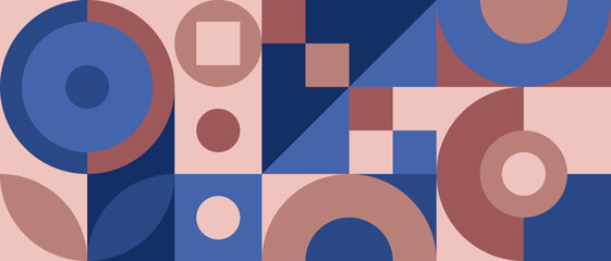Trendy vector abstract geometric background with circles in retro scandinavian style, seamless cover pattern. Graphic pattern of simple shapes in pastel colors, abstract mosaic in blue and pink colors