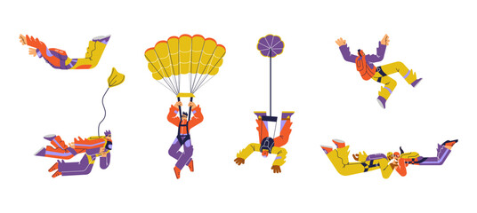 Set of people jumping with parachute flat style, vector illustration